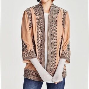 ZARA VELVET EMBROIDERED JACKET KIMONO PEACH PINK BLAZER SIZE M